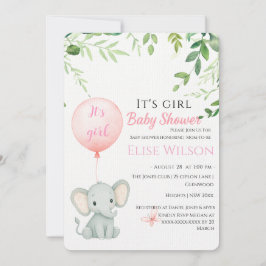 Invitación ¡Es chica! Bebé de elefante lindo con globo