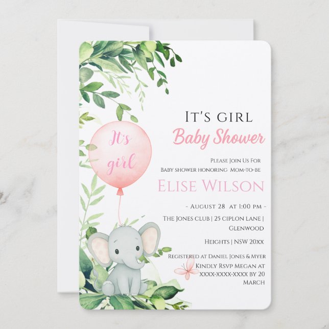 Invitación ¡Es chica! Bebé de elefante lindo con globo (Anverso)