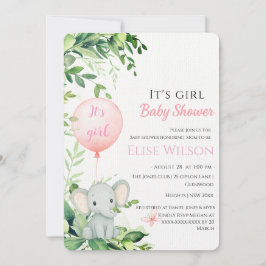 Invitación ¡Es chica! Bebé de elefante lindo con globo