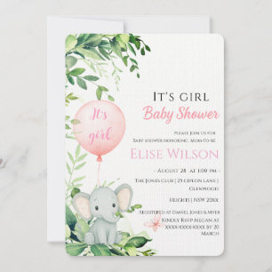 Invitación ¡Es chica! Bebé de elefante lindo con globo