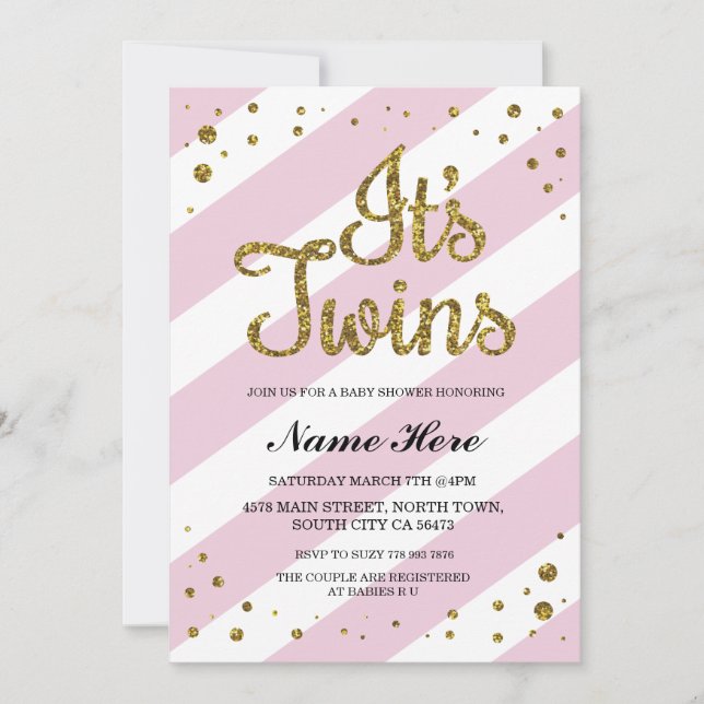 Invitación Es chicas Baby Shower de los gemelos que el oro (Anverso)