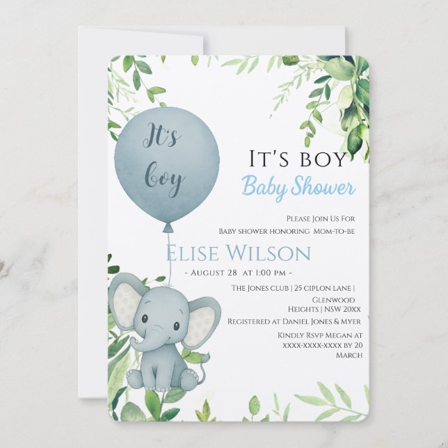 Invitación ¡Es chico! Bebé de elefante lindo con globo (Anverso)