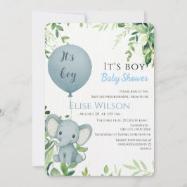 Invitación ¡Es chico! Bebé de elefante lindo con globo