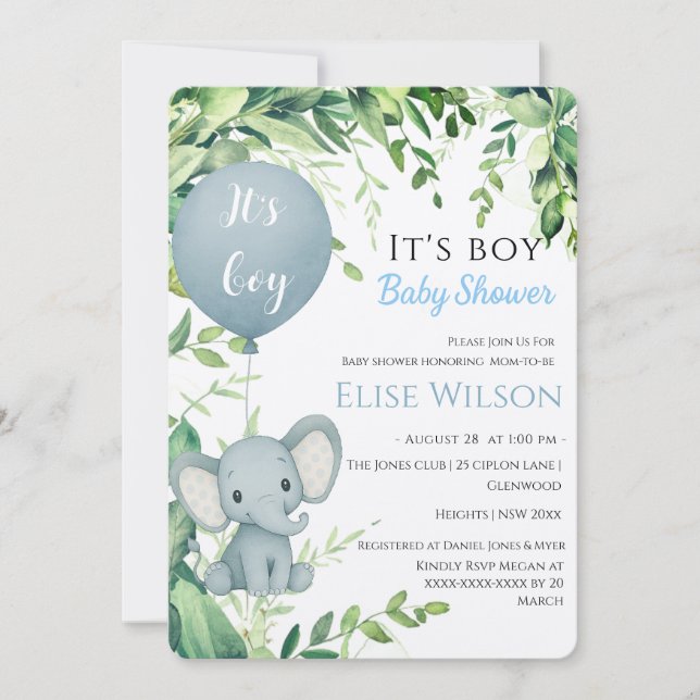 Invitación ¡Es chico! Bebé de elefante lindo con globo (Anverso)