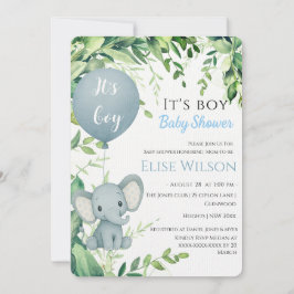 Invitación ¡Es chico! Bebé de elefante lindo con globo