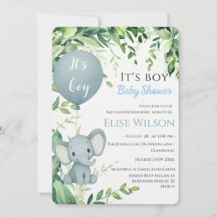 Invitación ¡Es chico! Bebé de elefante lindo con globo