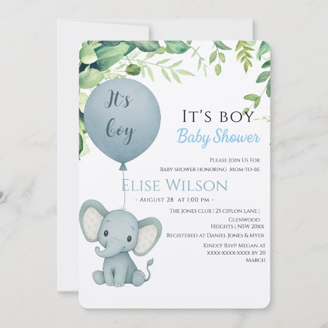 Invitación ¡Es chico! Bebé de elefante lindo con globo (Anverso)
