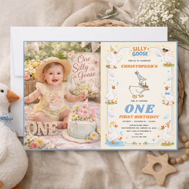 Invitación Es divertido cumpleaños retro número 1 moderno y d (It’s ONE Silly Goose Retro 1st Birthday Fun Modern Invitation
)