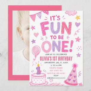 Invitación Es divertido ser una chica rosa Doodle foto cumple