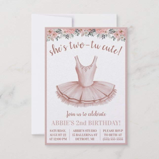 Invitación ¡Es Dos-Tu Cute! Balerina tema de cumpleaños 2 (Anverso)