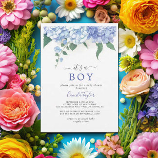 Invitación Es el Baby Shower botánico de una hidránica azul