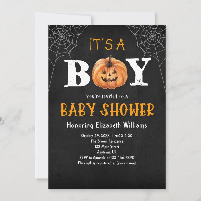 Invitación Es el Baby Shower de Halloween de un niño calabaza (Anverso)