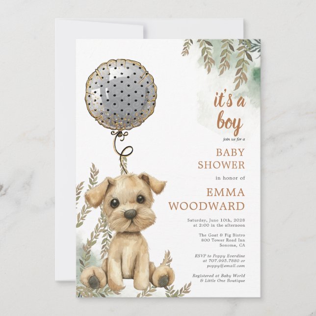 Invitación Es el Baby Shower de un globo de cachorros (Anverso)