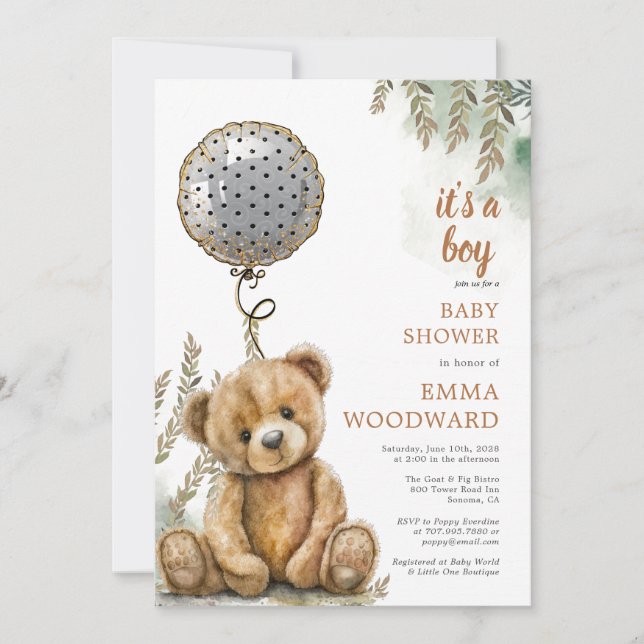 Invitación Es el Baby Shower de un globo de osito de Teddy (Anverso)