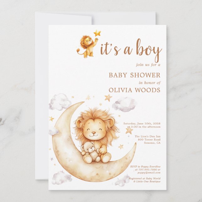 Invitación Es el Baby Shower de un muchacho león (Anverso)