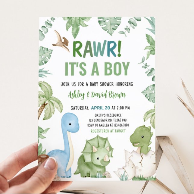 Invitación Es el Baby Shower de un niño dinosaurio (Greenery Boy Dinosaur Baby Shower Invitation)