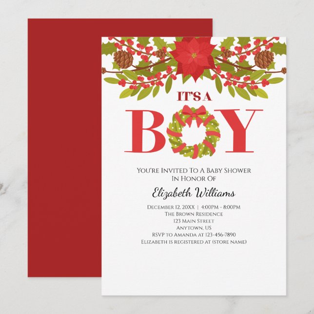 Invitación Es el Baby Shower de un niño Navidad de Poinsettia (Anverso / Reverso)