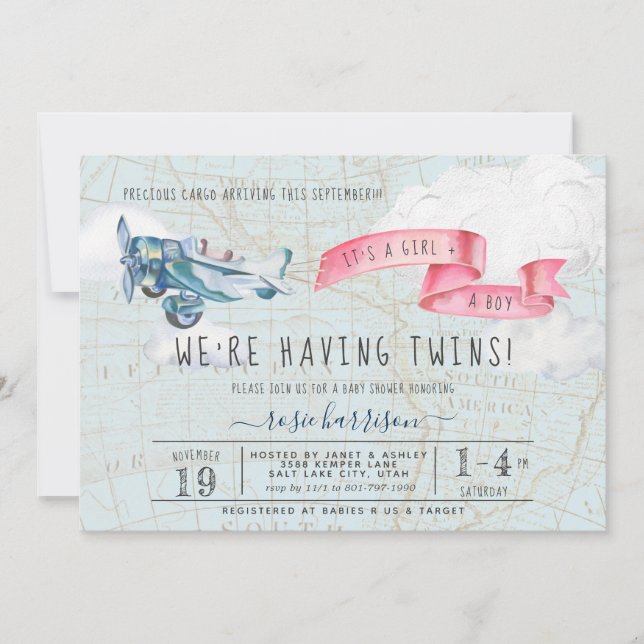 Invitación Es el Chica de Twins Boy | Baby Shower de avión an (Anverso)