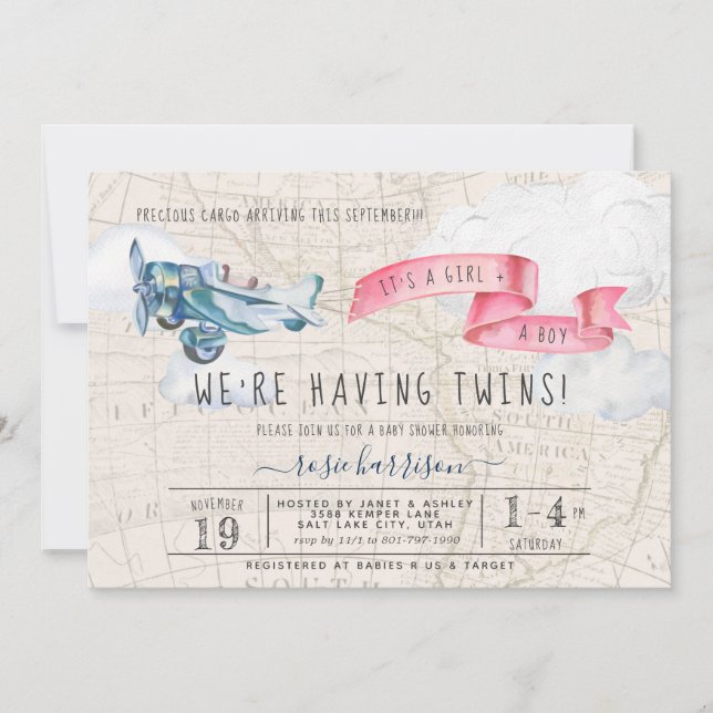 Invitación Es el Chica de Twins Boy | Baby Shower de avión an (Anverso)