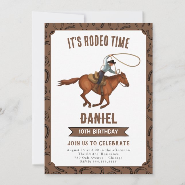 Invitación Es el cumpleaños de Cowboy en tiempo de rodeo (Anverso)