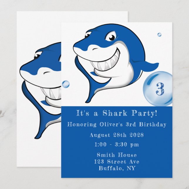 Invitación Es el cumpleaños de un niño Fiesta de tiburones (Anverso / Reverso)