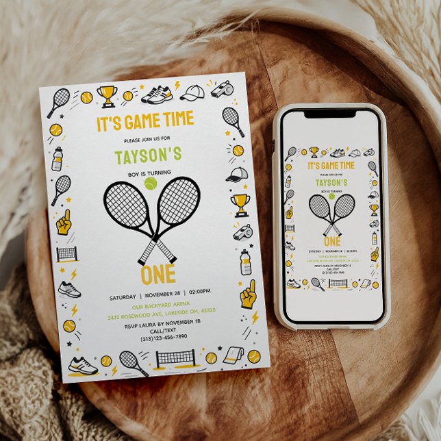 Invitación Es el primer cumpleaños de Game Time Tennis - Niño (It’s Game Time Tennis 1st Birthday – Fun Kids Invitation
)