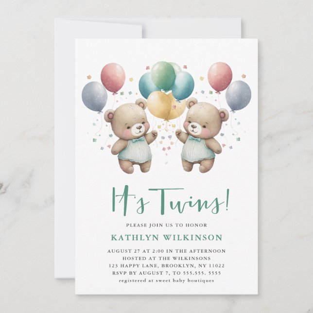 Invitación Es El TWINS Green Balloons Teddy Bears Baby Shower (Anverso)