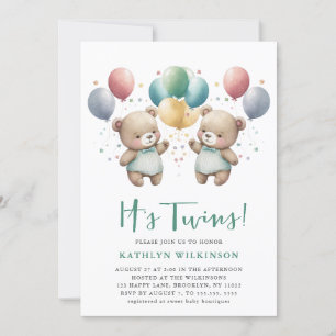 Invitación Es El TWINS Green Balloons Teddy Bears Baby Shower