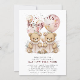 Invitación Es El TWINS Pink Balloons Teddy Bears Baby Shower