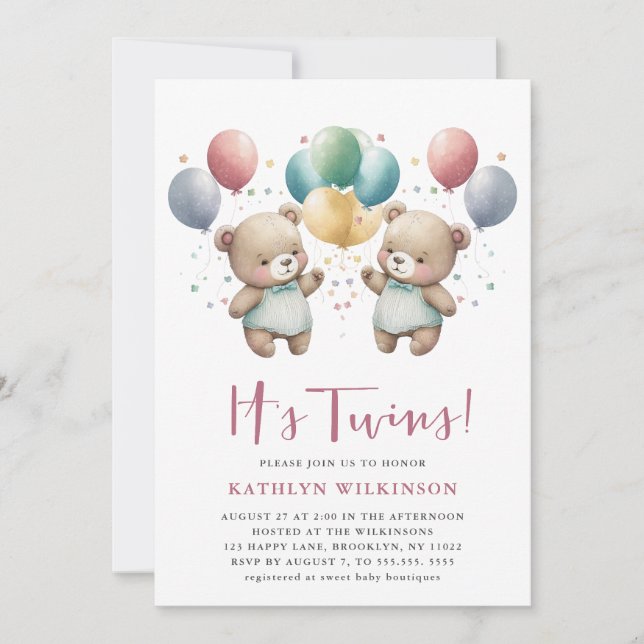 Invitación Es El TWINS Pink Balloons Teddy Bears Baby Shower (Anverso)