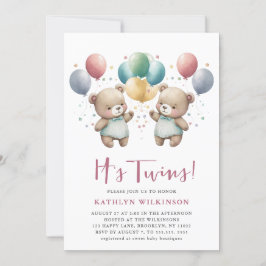 Invitación Es El TWINS Pink Balloons Teddy Bears Baby Shower