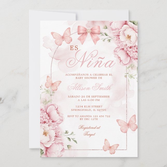 Invitación Es Fiesta de Bebé Mariposa Rosa Nina (Anverso)