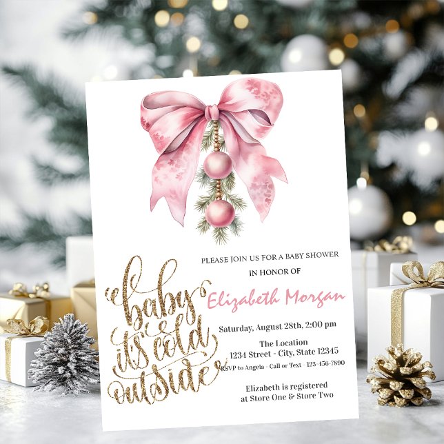 Invitación Es frío bolas de Navidad con lazo rosa Baby Shower (Subido por el creador)