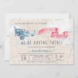 Invitación Es gemelos niño niña | Fiesta de bebé de avión vin