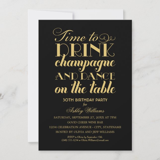 Invitación Es hora de beber champagne Black Gold Birday Party (Anverso)