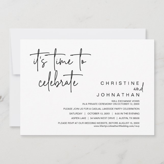Invitación Es hora de celebrar, Boda Elopement Fiesta (Anverso)