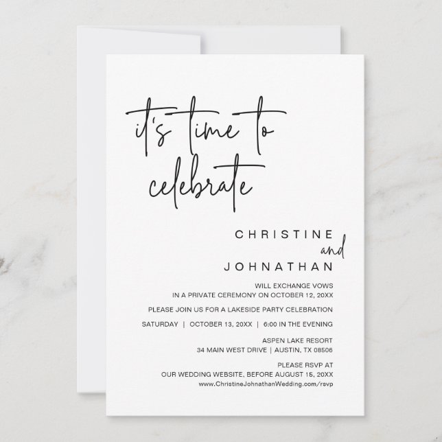 Invitación Es hora de celebrar, Boda Elopement Fiesta (Anverso)