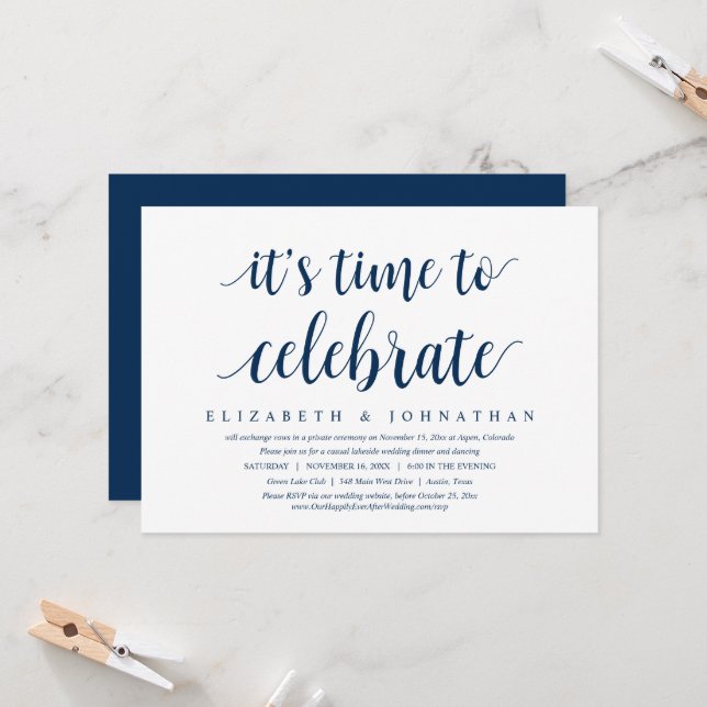 Invitación Es hora de celebrar, cena de boda fuga I (Anverso/Reverso In Situ)