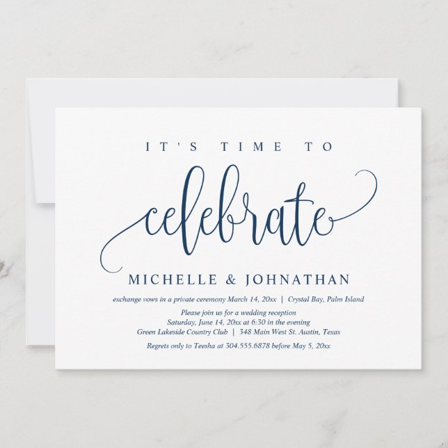 Invitación Es hora de celebrar, fiesta de boda íntima en (Anverso)
