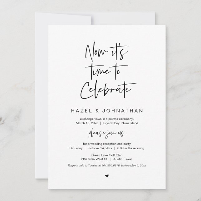 Invitación Es hora de celebrar, negro, Boda Elopement (Anverso)