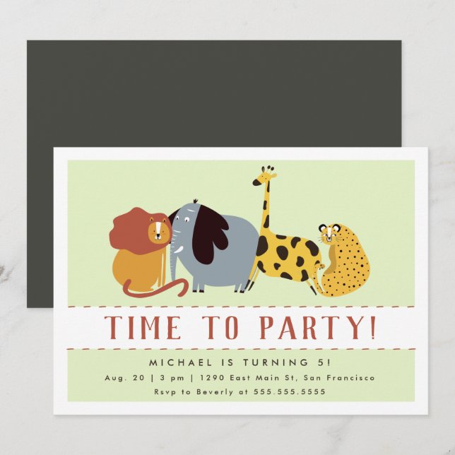 Invitación ¡Es Hora De Fiesta! Animales de la selva muda niño (Anverso / Reverso)