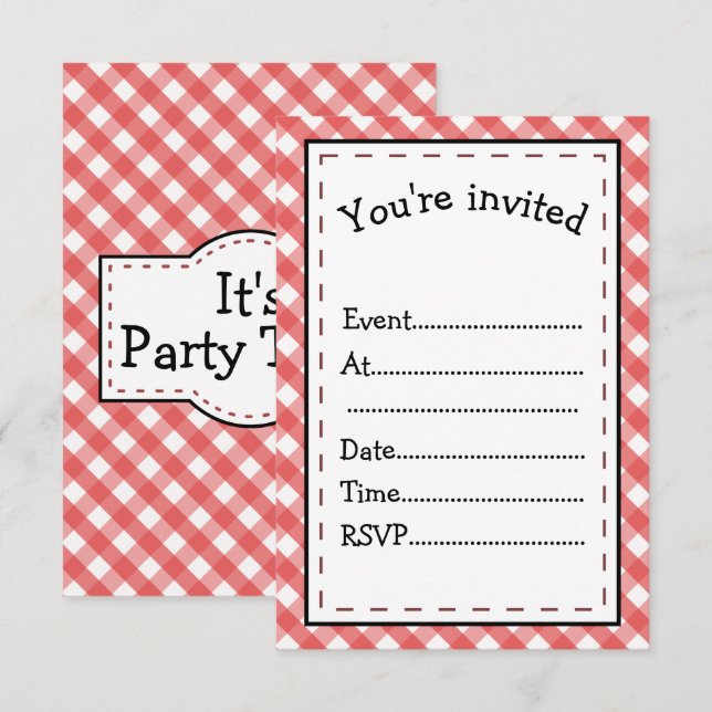Invitación Es hora de fiesta de cuadros rojos (Anverso / Reverso)
