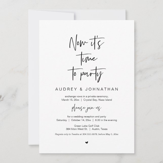 Invitación Es hora de fiesta, negro, fuga de novios (Anverso)