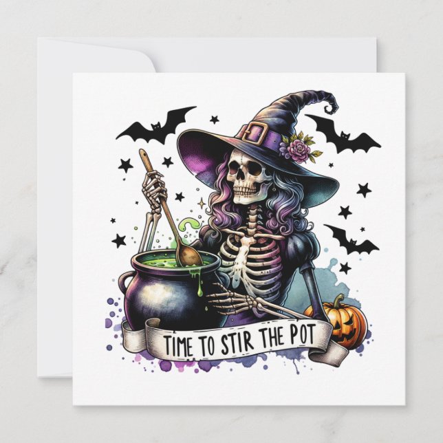 Invitación Es hora de Revolver el Caldero Skeleton Witch (Anverso)