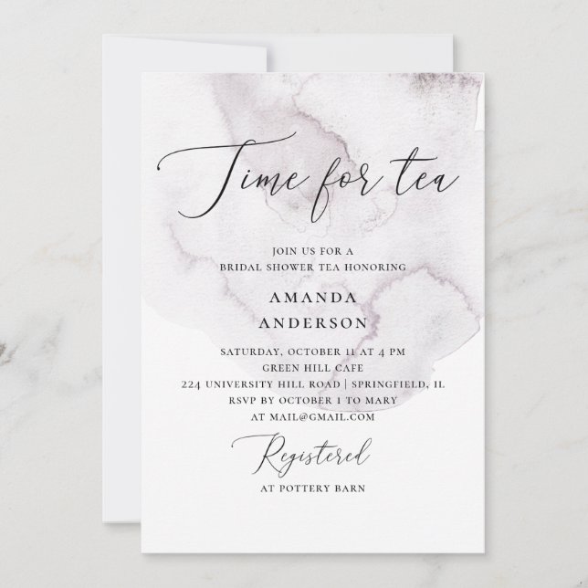 Invitación Es hora de tomar té. Ducha de novia púrpura acuare (Anverso)