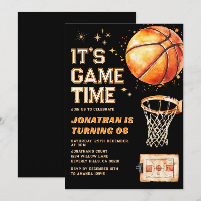 Invitación Es hora del partido Cumpleaños de baloncesto para  (Anverso / Reverso)