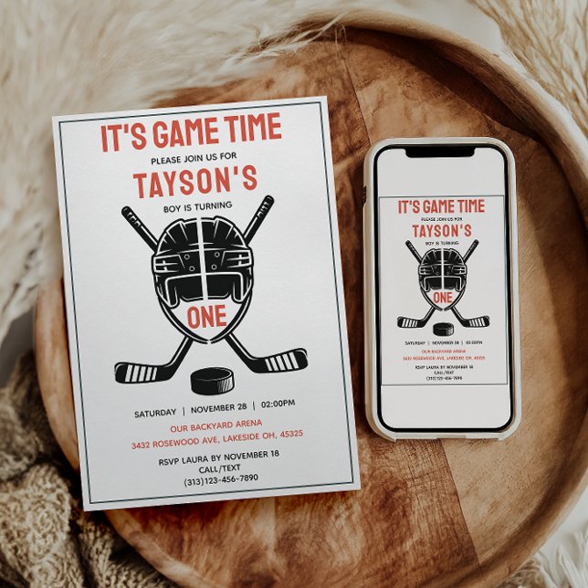 Invitación Es hora del partido de hockey Cumpleaños número 1 (It’s Game Time Hockey 1st Birthday Party Invitation
)