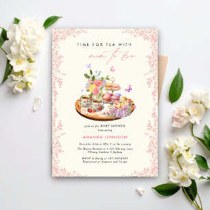 Invitación Es hora del té macarrones tazas mariposa baby show
