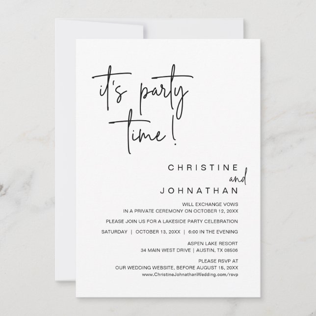Invitación Es la hora del Fiesta, Boda Elopement Dinner Fiest (Anverso)