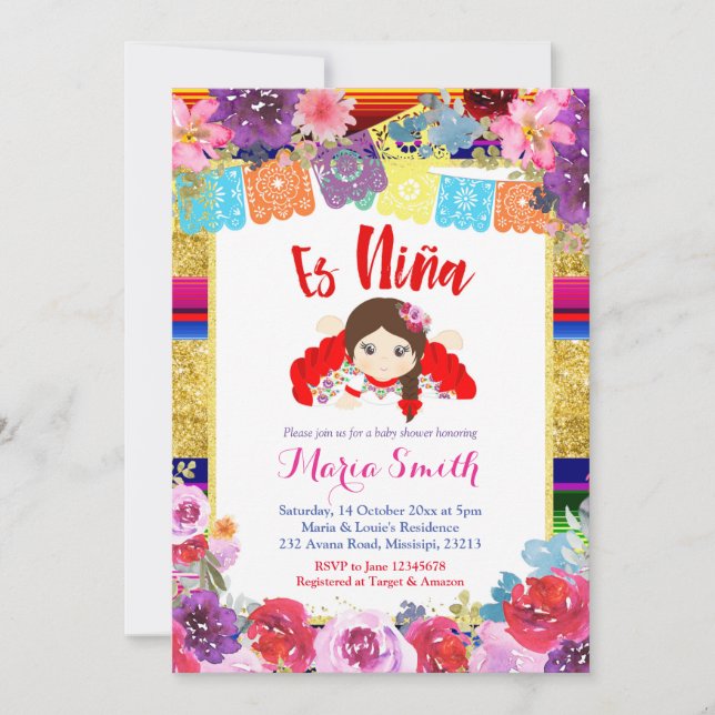 Invitación es niña Chica mexicano español Baby Shower (Anverso)
